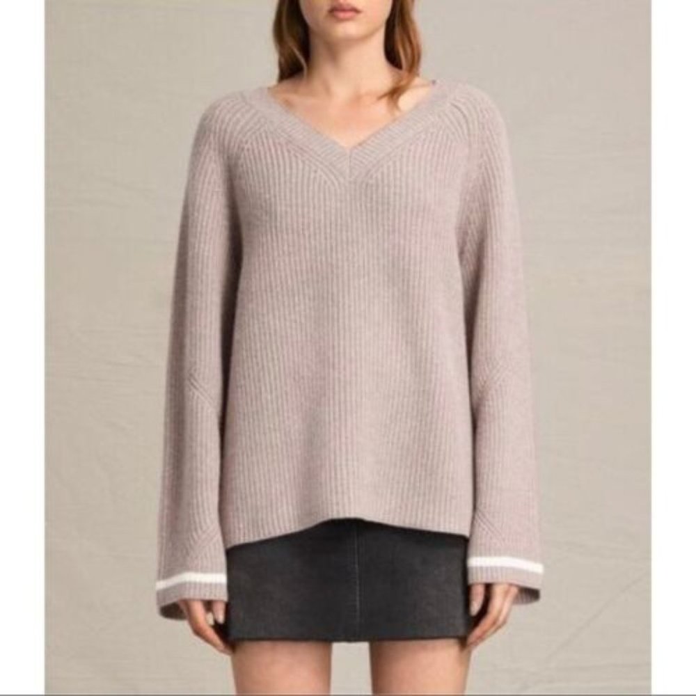All Saints Mauve Daria V Neck Wool Blend Sweater, Size L